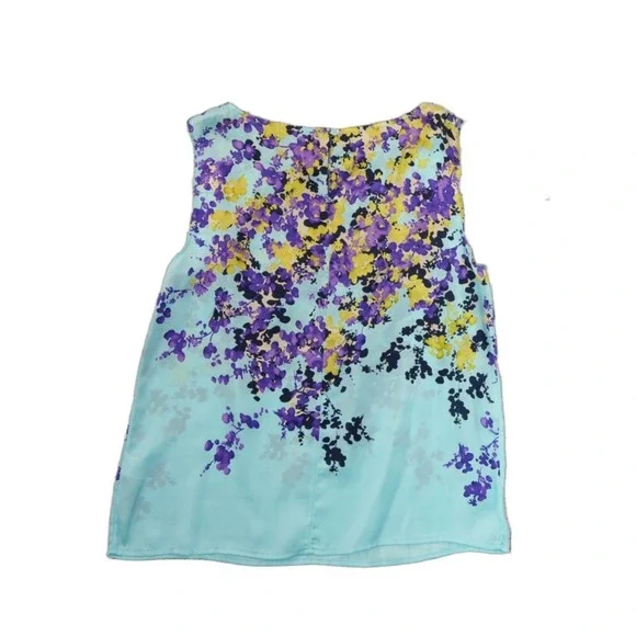 Talbots Blouse Women's Size 6P Aqua Blue Floral 100% Silk Pleated Top Petite - Picture 3 of 7